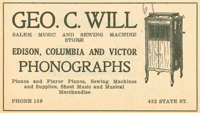 Advertisement for the Geo. C. Will Music and Sewing Machine Store. Photo Source: WHC 2013.1.4.6